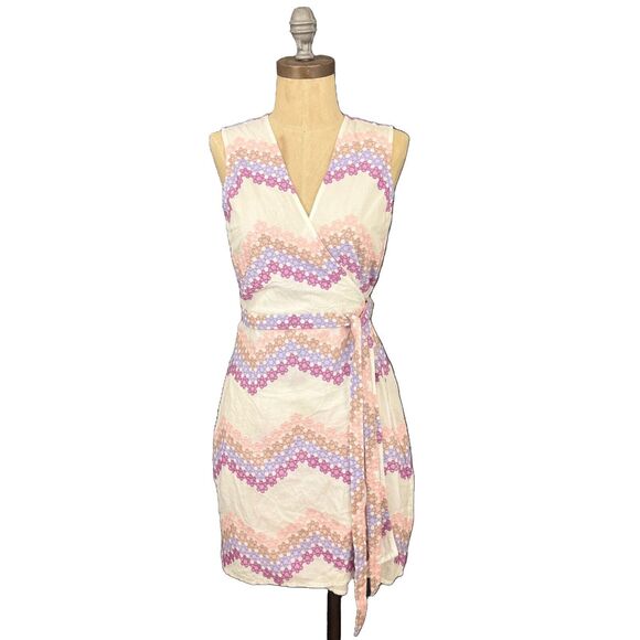 MIGUELINA Ali Embroidered Wrap Mini Dress S Chevron Stripe White Multi EUC B31 - Picture 2 of 6